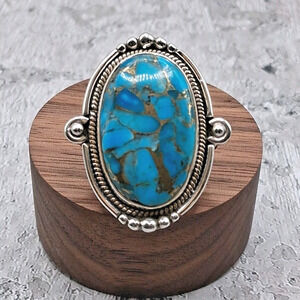 Blue Copper Turquoise Ring Size 8 Sterling Silver Southwestern Style
